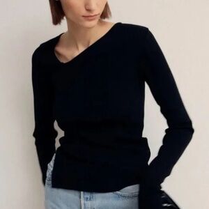 LOOKAST Black Unbalanced Neck Ribbed Knit Top